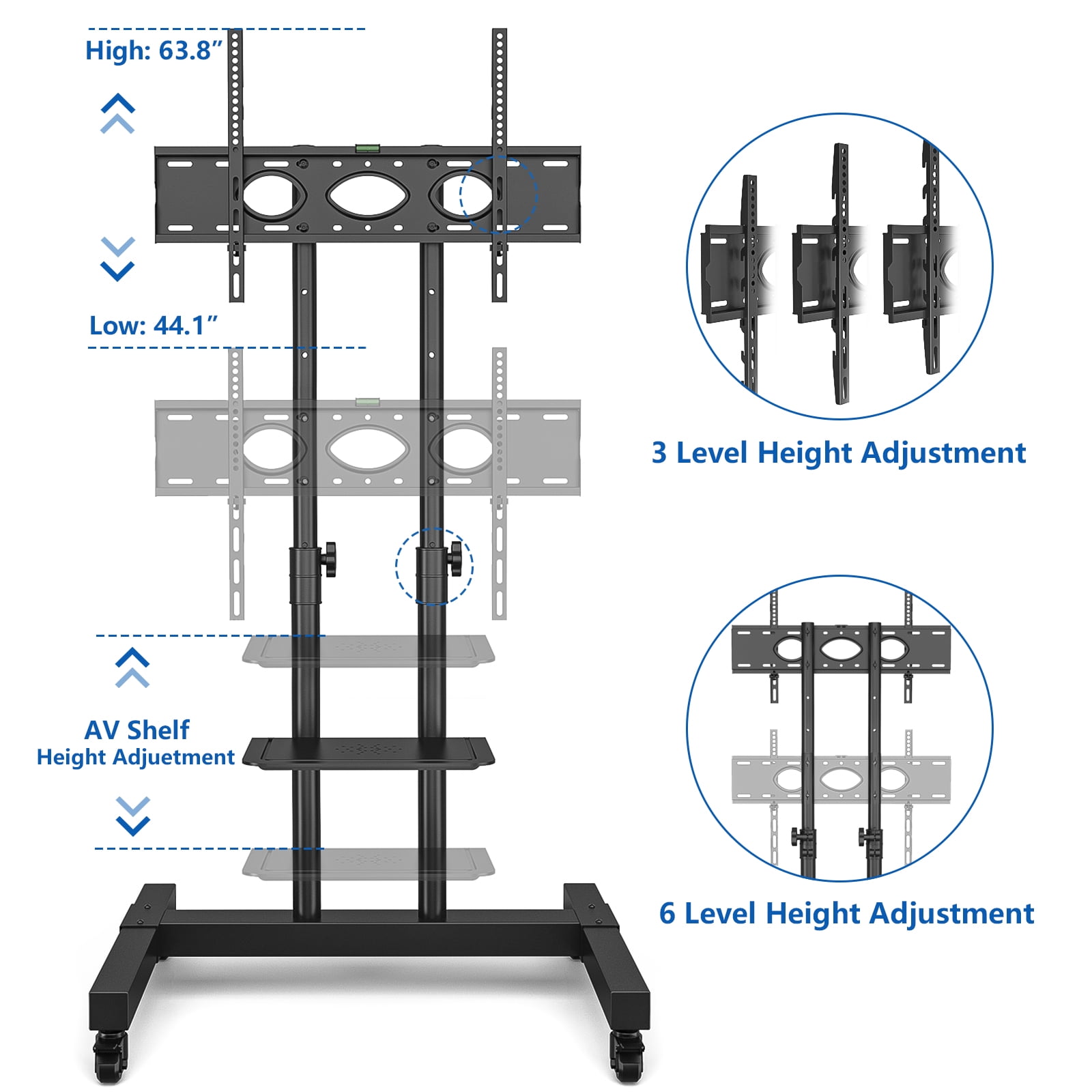 RTVR Rolling TV Cart Stand with Wheels for 32 to 85 inch Screens Mobile Portable TV Stand, Modern Black