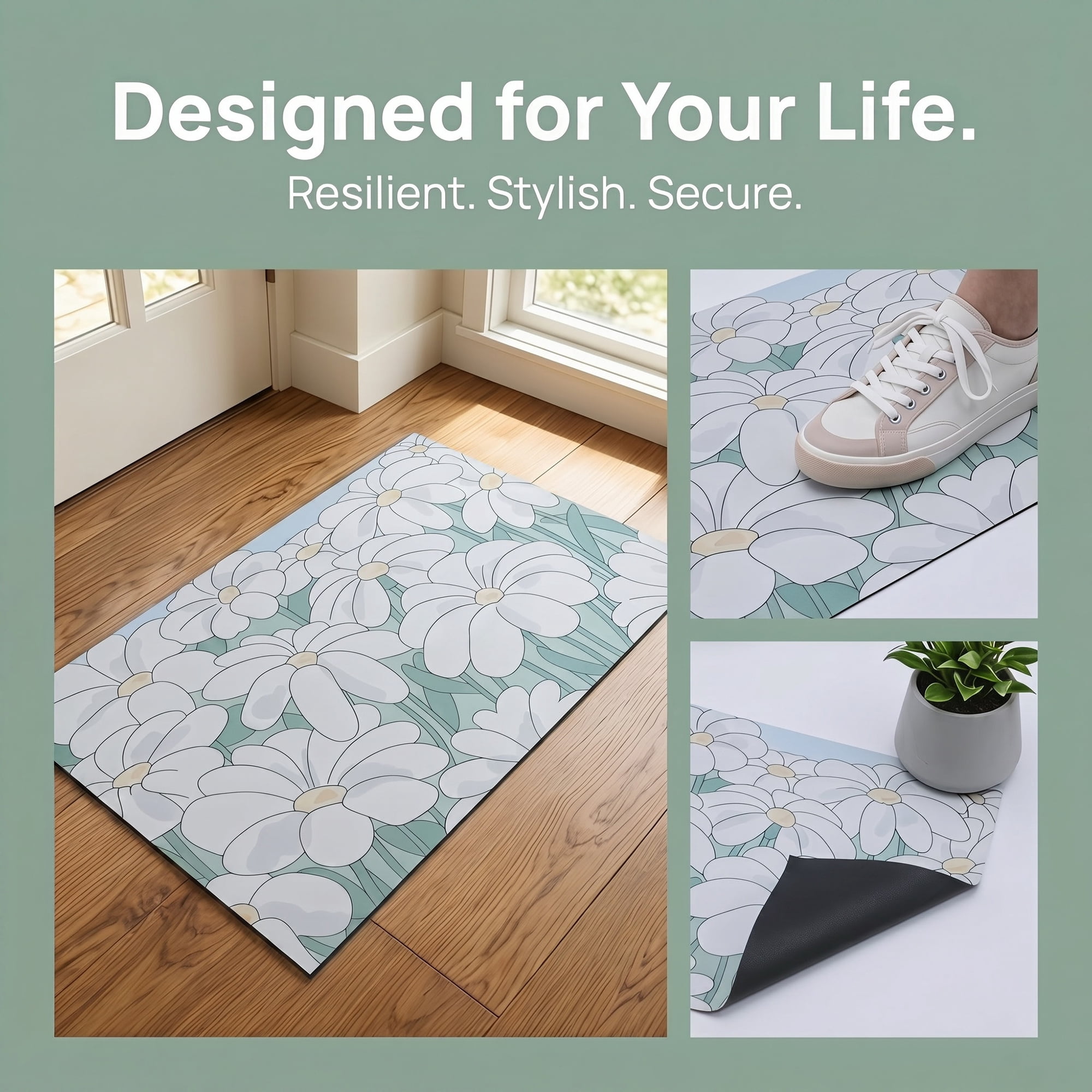 Unique Bargains Boho Doormat Non-Slip Doormat for Outdoor Entrance Green Flower 30" x 18"