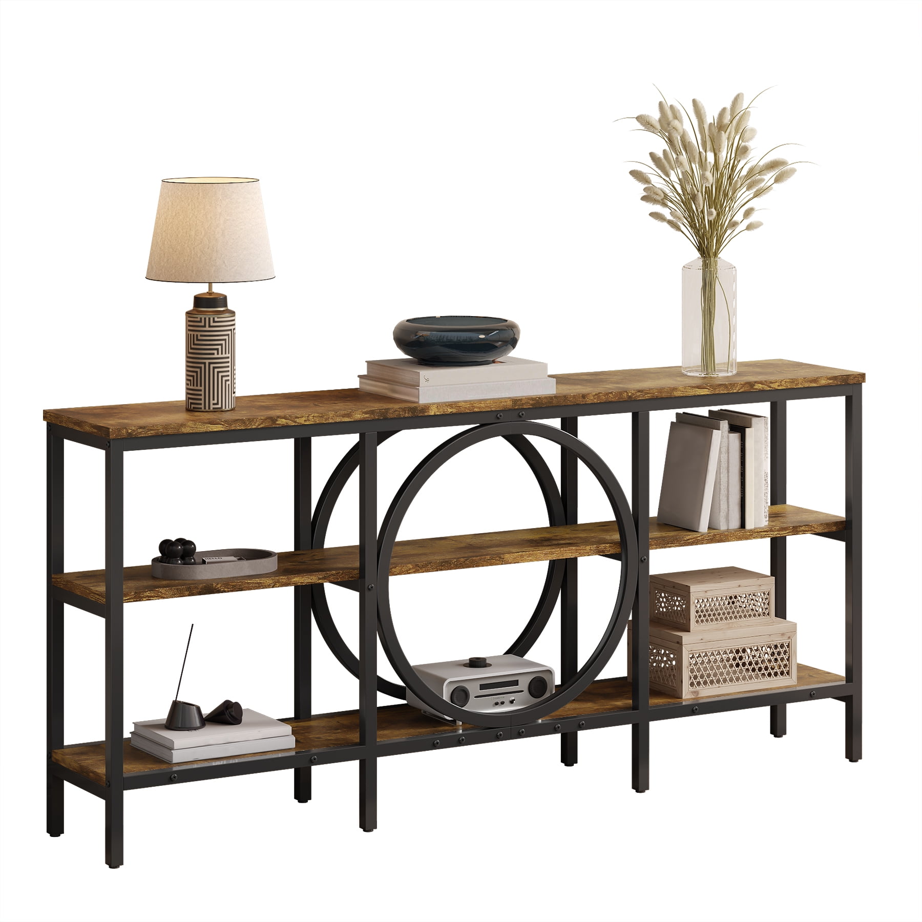 Tarnorci 66.9" Sofa Console Table, Extra Long Narrow Entryway Tables with 3 Tier Storage Shelves