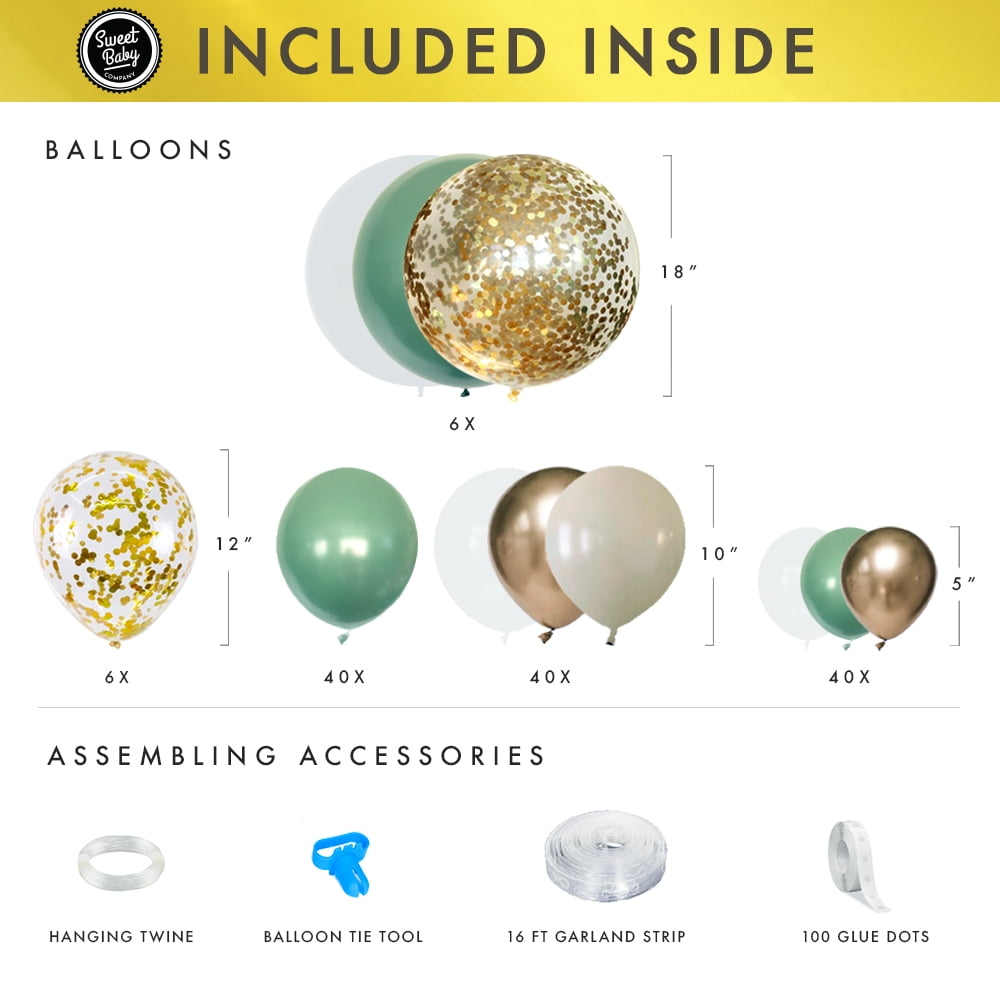 Sage Green Balloon Garland Kit with Matte Sage Olive, Taupe, White, Gold Metallic, Confetti Balloons