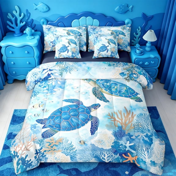jejeloiu Watercolor Sea Turtle 7-Piece Twin Bedding,Ocean Coral Fish Pattern Bedding Comforter Set For Boys,Blue White,Navy Blue Reversible
