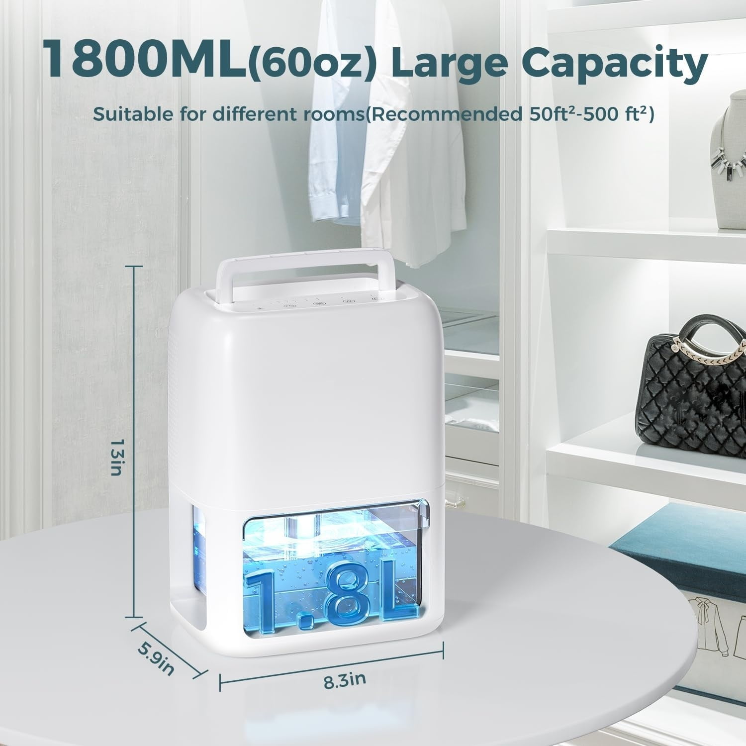 60 OZ Dehumidifiers for Home, Dual-Semiconductor Quiet Dehumidifier with Timer Sleep Mode Auto-Off 7 Colors Light Portable Small Dehumidifiers for Bathroom, Cloakroom, RV