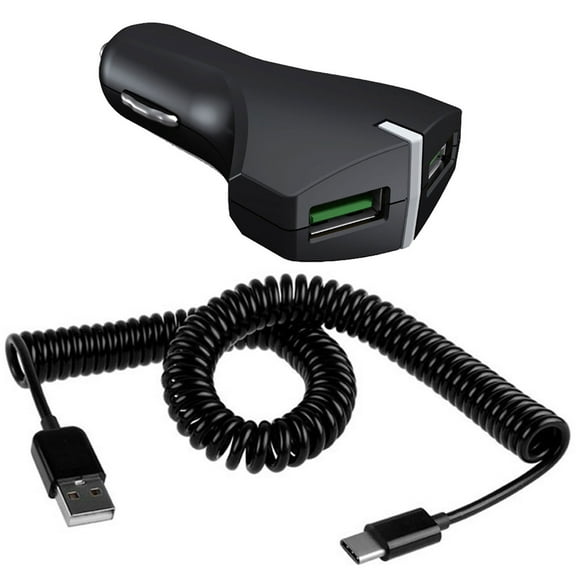 Car Charger 36W Fast 2-Port USB Coiled Cable Type-C Quick Charge DC Socket Power R4D for Razer Phone 2 - RED Hydrogen One - Samsung Galaxy XCover Pro S20 Ultra Tab S6 Lite 10.4 S7 Plus (2020)
