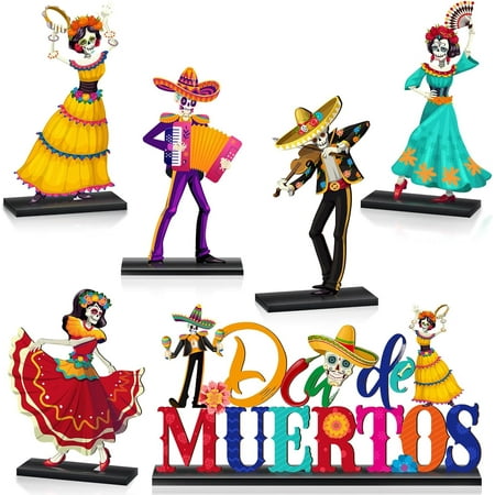 6 Pieces Day of The Dead Table Decorations Dia De Los Muertos Decor Wooden Sugar Skull Couple Desk Centerpieces for Halloween Mexican Fiesta Carnival Party Decoration Supplies