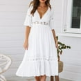 thumbnail image 6 of New Year's Tuscom Women White Long Dress Hollow Deep V Neck Lace Middle Sleeve Pleated Loose Flowy Party Holidday Maxi Dreees, 6 of 9