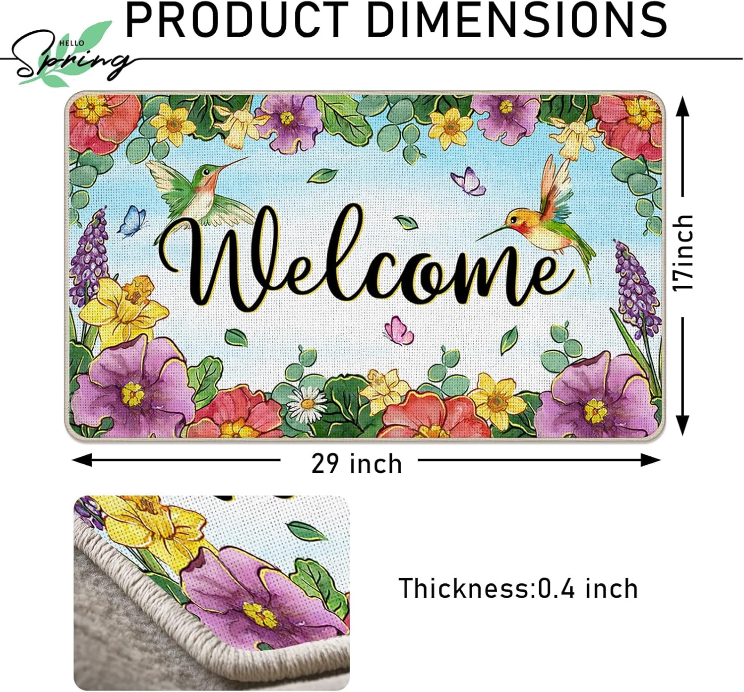 Welcome Spring Summer Flower Decorative Front Door Mat, Hummingbird Morning Glory Floral Doormat Indoor Outdoor Non-Slip Floor Entryway Rug, Daffodil Hyacinth Home Kitchen Decoration 17x29 Inch