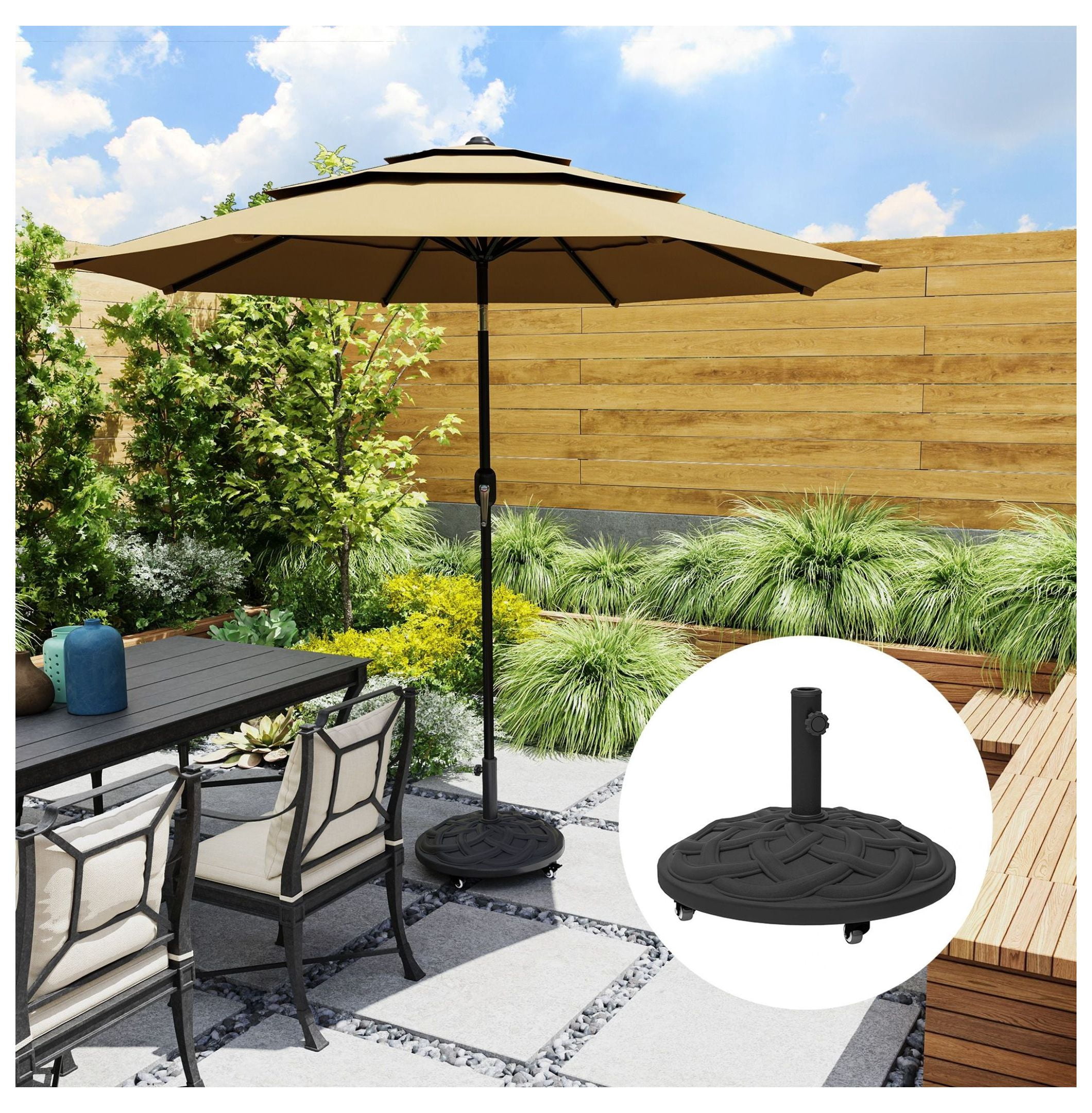 Patio Umbrella Base with Wheels - 44lbs Resin Stand - Heavy Duty Outdoor Umbrella Holder for 1.3-1.9" Poles - Black
