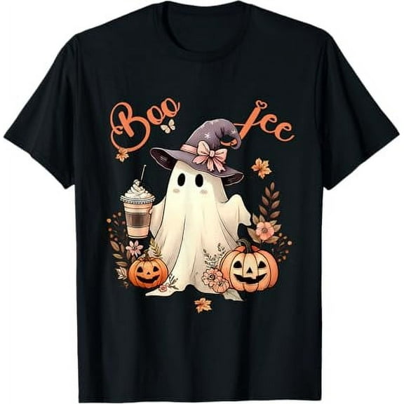 Premium model-Unisex-100% cotton-Boo Jee Ghost Drinking Coffee Coquette Bow Halloween Women T-Shirt