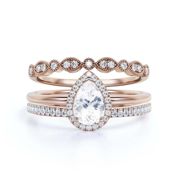 Beautiful Art Deco 2.25 Carat Pear Cut Affordable Diamond Moissanite Engagement Ring, Classic Wedding Ring, Two Matching Band In 925 Sterling Silver With 18K Rose Gold Plating,Promise Ring