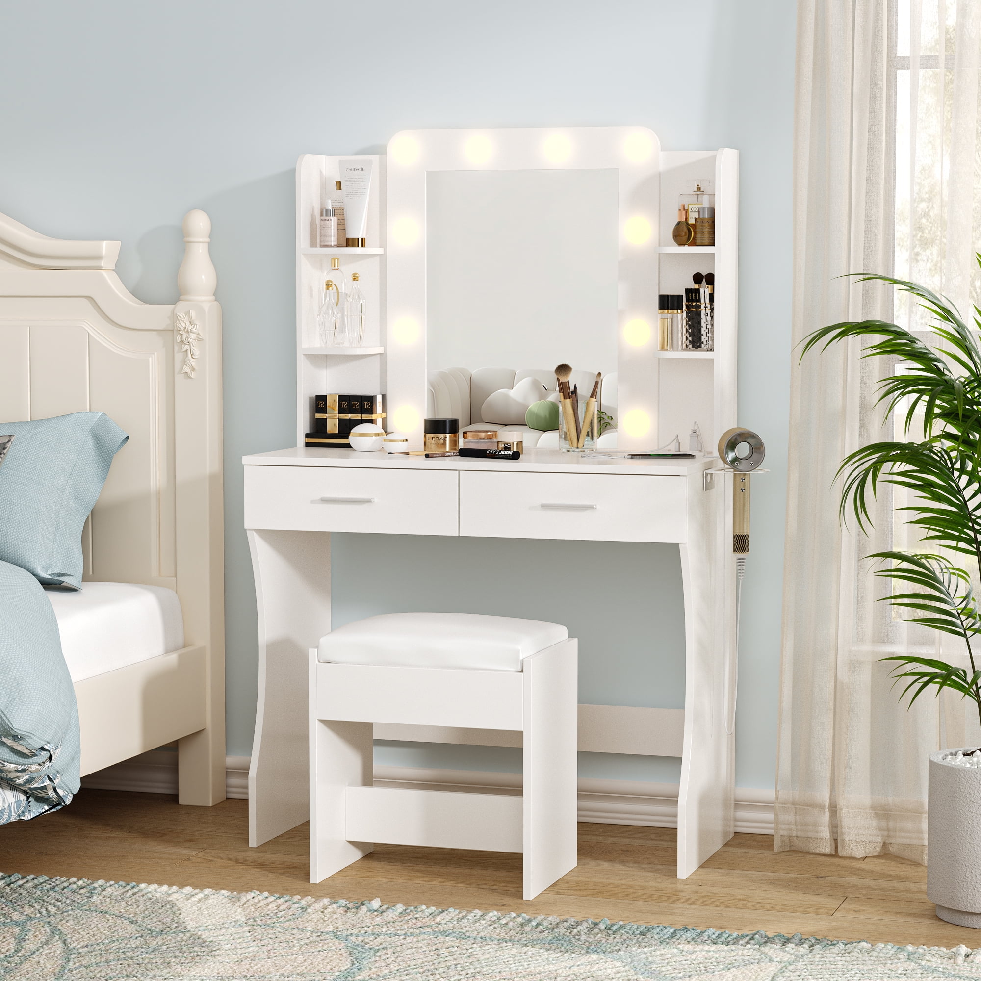 Vabches Vanity Set with Mirror and Lights & Power Outlet Makeup Vanity with 2 Drawers& 6 Shelves, White