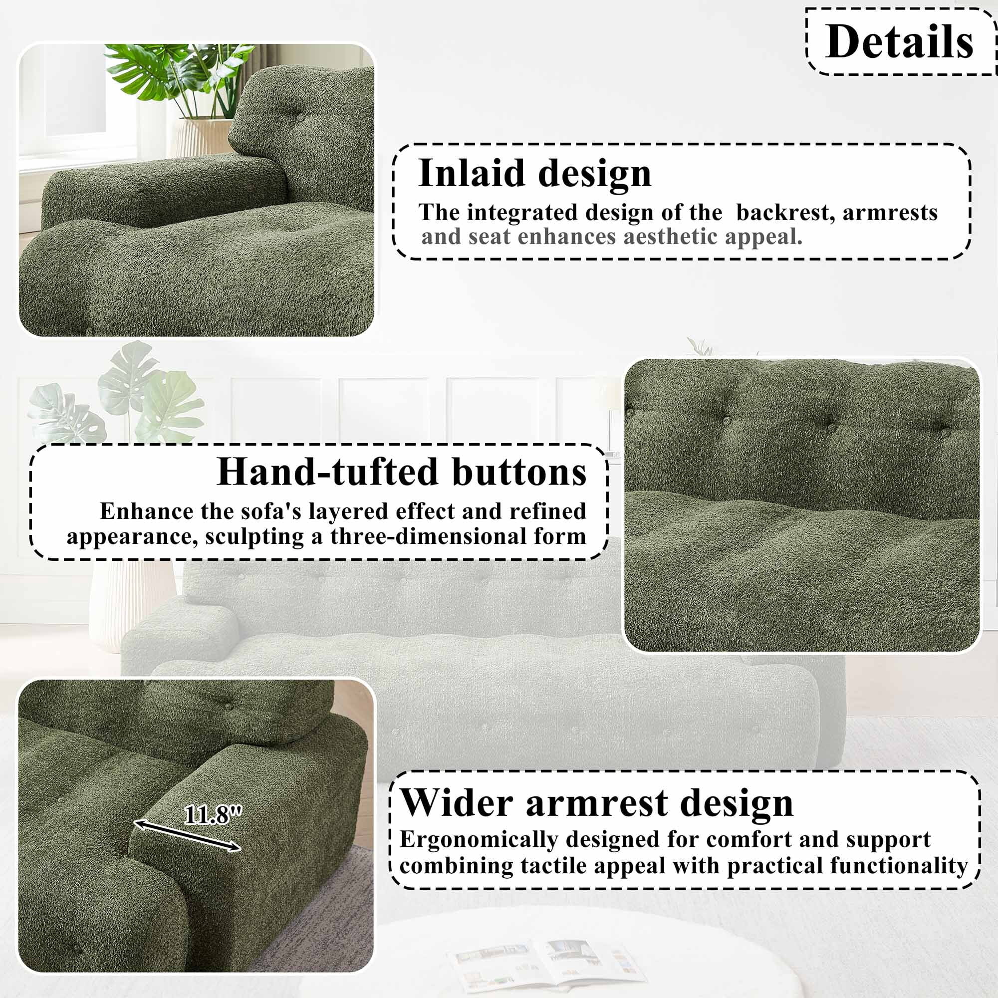 Lunale Boneless Cloud Sofa, No Assembly Required, Modern 3-Seater Chenille Couch for Living Room, Green