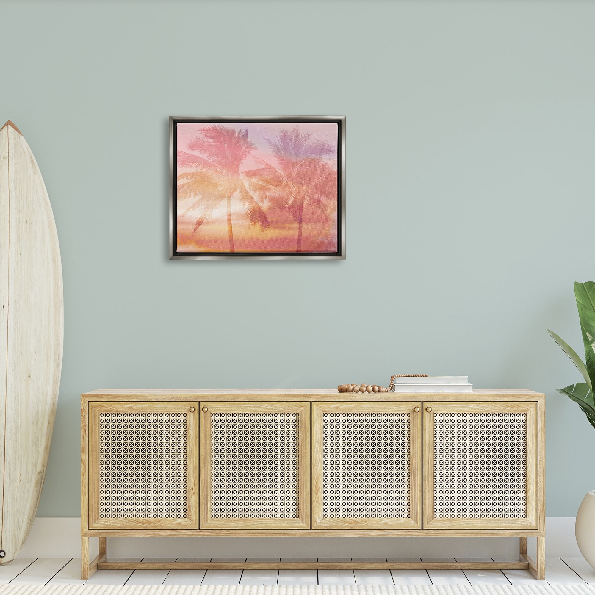 Stupell Industries Summer Palm Trees Sunrise Tropical Windblown Leaves Graphic Art Luster Gray Floating Framed Canvas Print Wall Art, Design by Mia Jensen