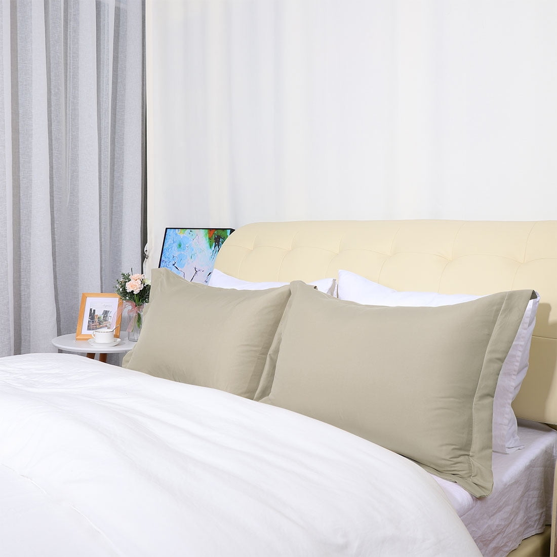 Unique Bargains Pillowcases Soft Microfiber Pillow Shams Set of 2 Queen Khaki