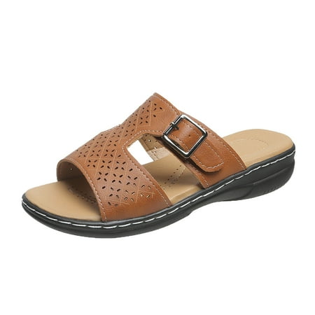 

nsendm Womens Cork Sandals with Bow Ladies Fashion Solid Color Leather Hollow Engraved Clear Flat Sandals for Women Sandal Brown 7.5