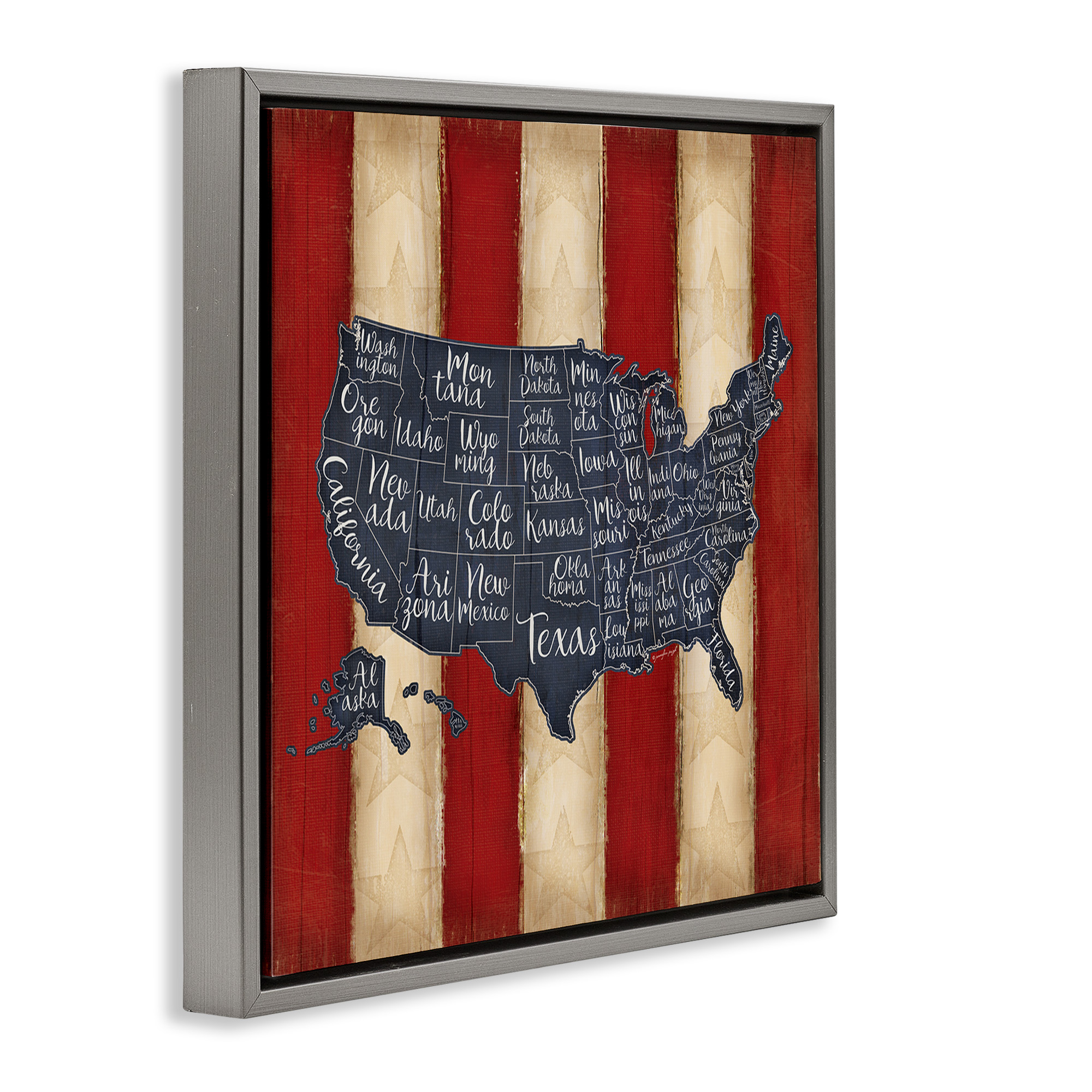 Stupell Industries United States Map on Stripes Art for Kids Painting Gray Floater Framed Canvas Art Print Wall Art, 25 x 25