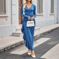 thumbnail image 3 of Women'S 2025 Fashion V-Neck Long Sleeve Slit Solid Color Dress Evening Dress Maxi Dress Navy Blue M, 3 of 8