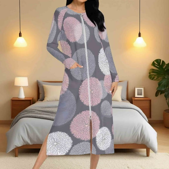Aboser Zip Up Robe for Women Long Sleeve Printing Housecoat Casual Split Hem Bathrobe Crewneck Full Length Loungewear Loose Fits Long Nightgowns with Pockets