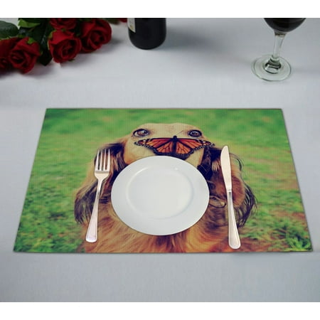 Play Place Mat GCKG Funny Animal Vintage Retro Style Placemat, Cute Dachshund Dog Play with Butterfly Placemat 12x18 Inch,Set of 2 ()