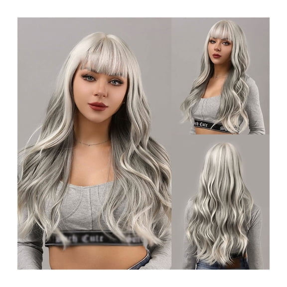 Long Natural Wavy Silver Gray Wig Female Bangs Synthetic Cosplay Party Daily Use Heat Resistant