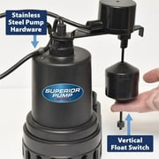 Superior Pump 92372 1/3 HP Thermoplastic Submersible Sump Pump with Vertical Float Switch, Black, 9.25” x 6.25” x 11.75”