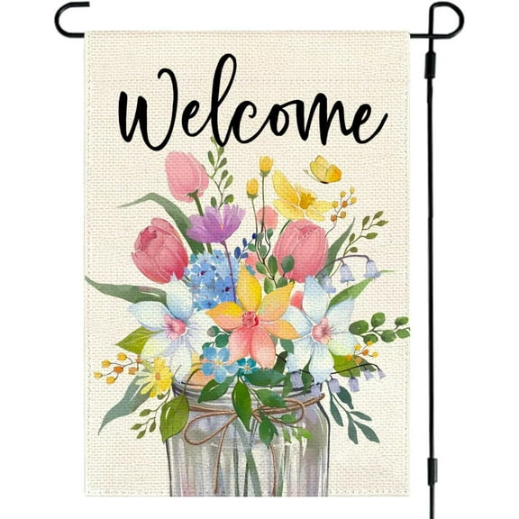 Spring Floral House Flag 28x40 Inch Double Sided Outside Welcome Tulip Daffodil Mason Jar Flowers Leaves Outdoor Seasonal Decorative Holiday Summer Large Garden Yard Flag Decor 2-28