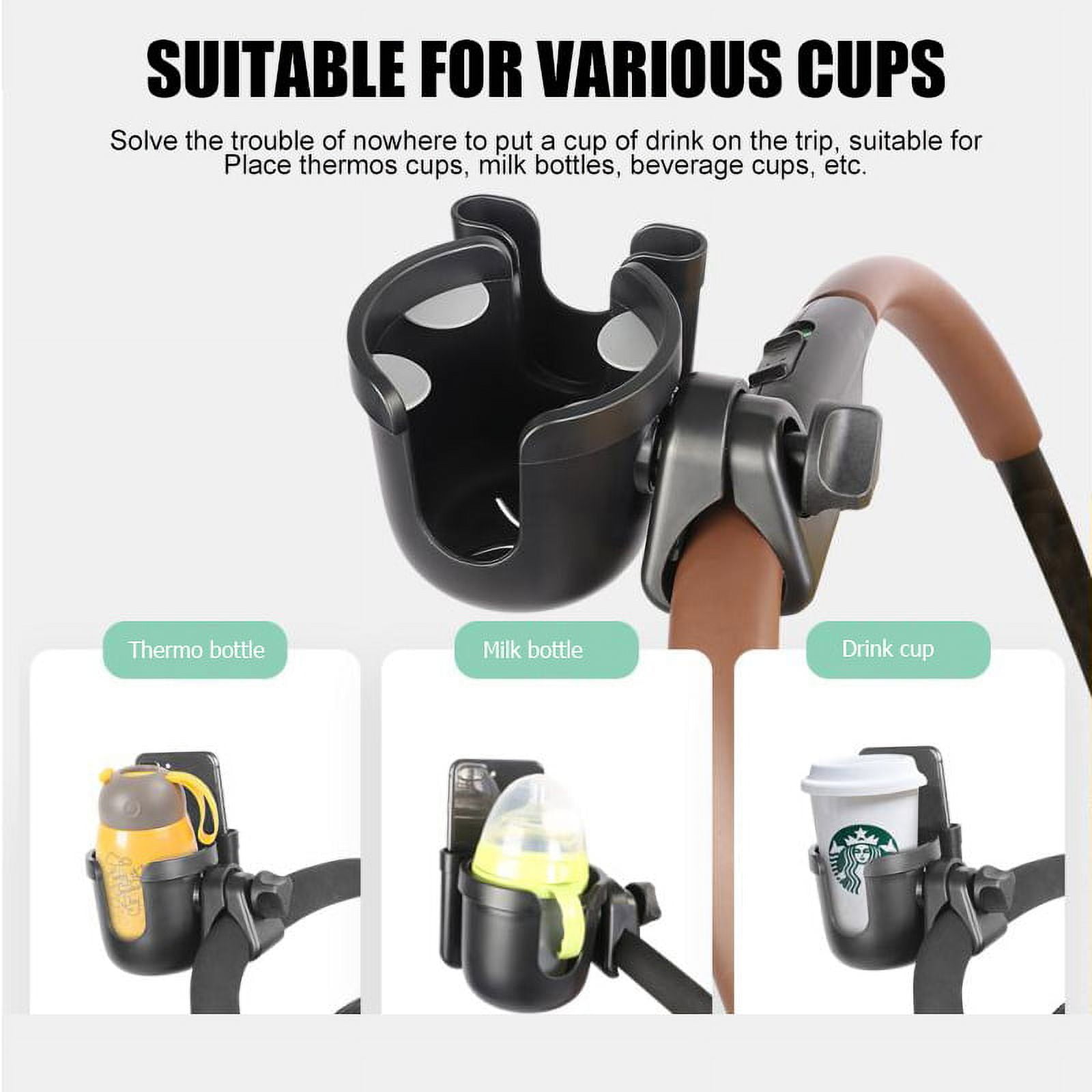 Amerteer Stroller Cup Holder,2 in 1 Bottle Holder and Phone Holder,  Universal Cup Holder for Wheelchair, Walker, Rollator, Stroller, Bike,  Motorcycle and Trolley with Toy Belt and Hooks 