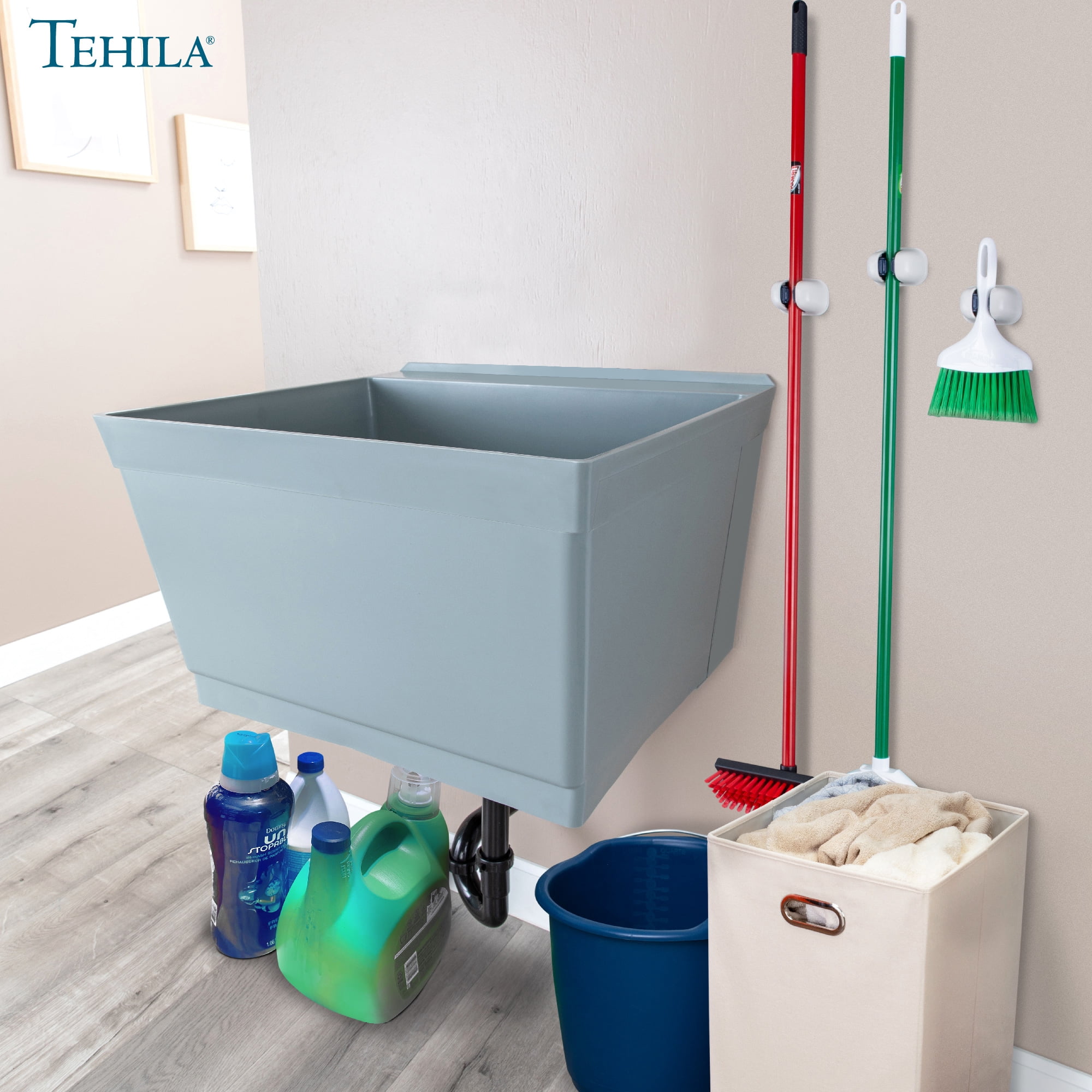 Tehila Wall-Mounted Gray Utility Sink with Drain Assembly Kit