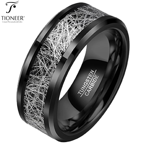 Tioneer Tungsten 8mm Ring with Sleek Carbon Fiber Inlay in Black IP Finish for Men Women Comfort Fit w/ Free Engraving Options