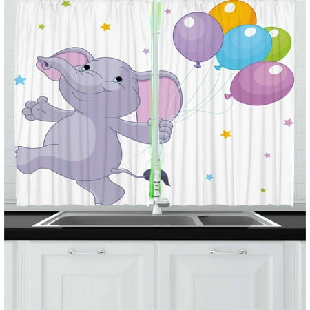 Kids Lilac Curtains Nursery Curtains 2 Panels Set, Happy Elephant with Colorful Balloons and Stars Cheerful Fun Kids Cartoon, Window Drapes for Living Room Bedroom, 55W X 39L Inches, Lilac Multicolor, by Ambesonne ()