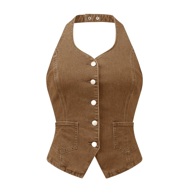 Chaleco de mezclilla sin mangas para mujer INSPIRE CHIC, con botones y espalda descubierta, color marrón