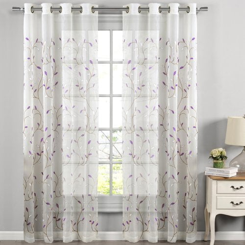 Wavy Leaves Embroidered Sheer Extra-Wide 54" x 84" Grommet ...