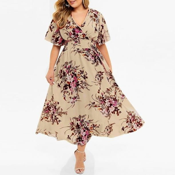 zanvin Plus Size Summer Dresses for Women 2023 Boho Floral Maxi Long Dress  V-Neck Short Sleeve Beach Dresses for Party Casual on Clearance,Yellow 