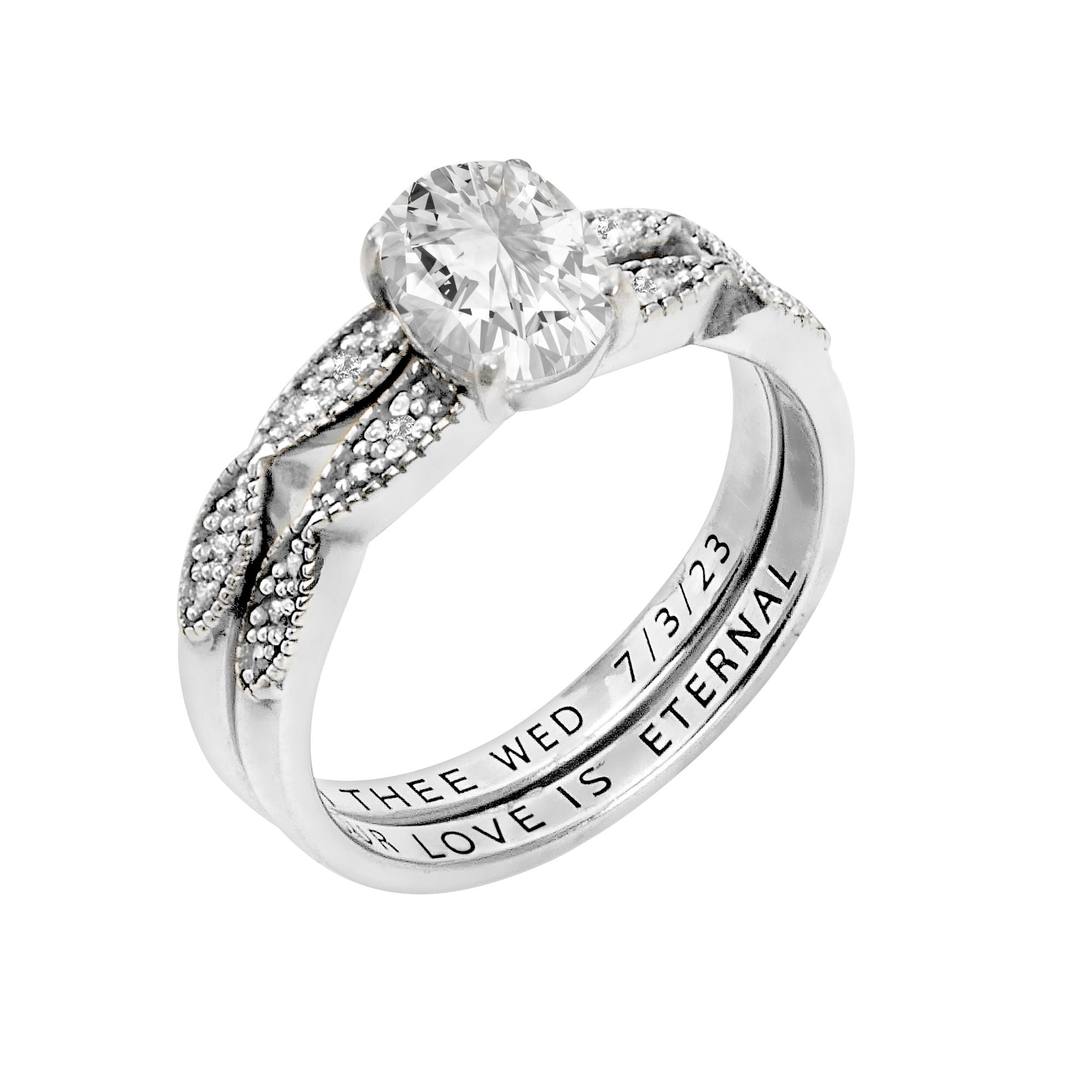 Vow & Forever Personalized Planet Bridal Platinum over Sterling Silver Oval White Topaz Diamond Accent 2-Piece Engraved Wedding Ring Set ,Women's