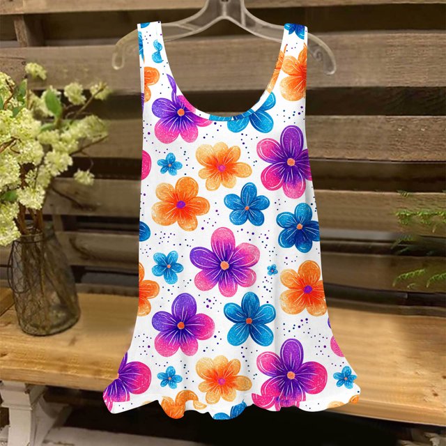 Clearance Staron Womens Summer Tops Loose Fit Flowy Shirts Trendy Sleeveless Round Neck Tank Tops Boho Floral Basic Spring Summer Casual Soft Blouses