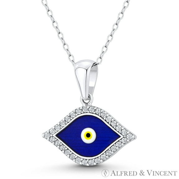 Evil Eye Luck Charm CZ Crystal & Enamel Pendant & Chain Necklace in .925 Sterling Silver w/ Rhodium
