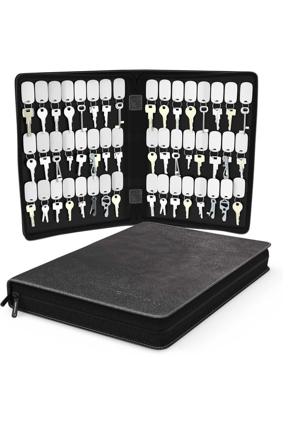 Portable Zippered Key Case, Leather Key Organizer, Key Binder with 48 hook and loop Key Tags, Portable Manager & Landlord Key Book, Zipper Key Case for Real Estate sales, Hotels, Car Service (Black)
