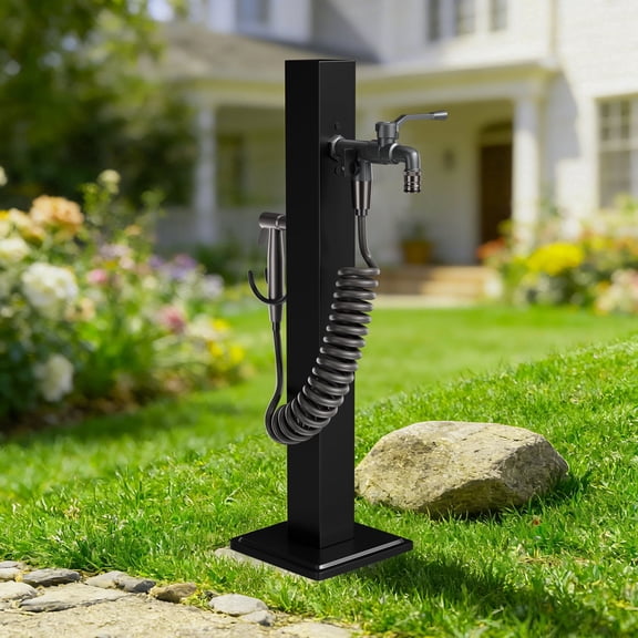 Square yard hose stand, brass dual spigot with sprayer, 304 stainless outdoor water pillar, backyard watering station, anti-rust garden tap, lawn car wash faucet