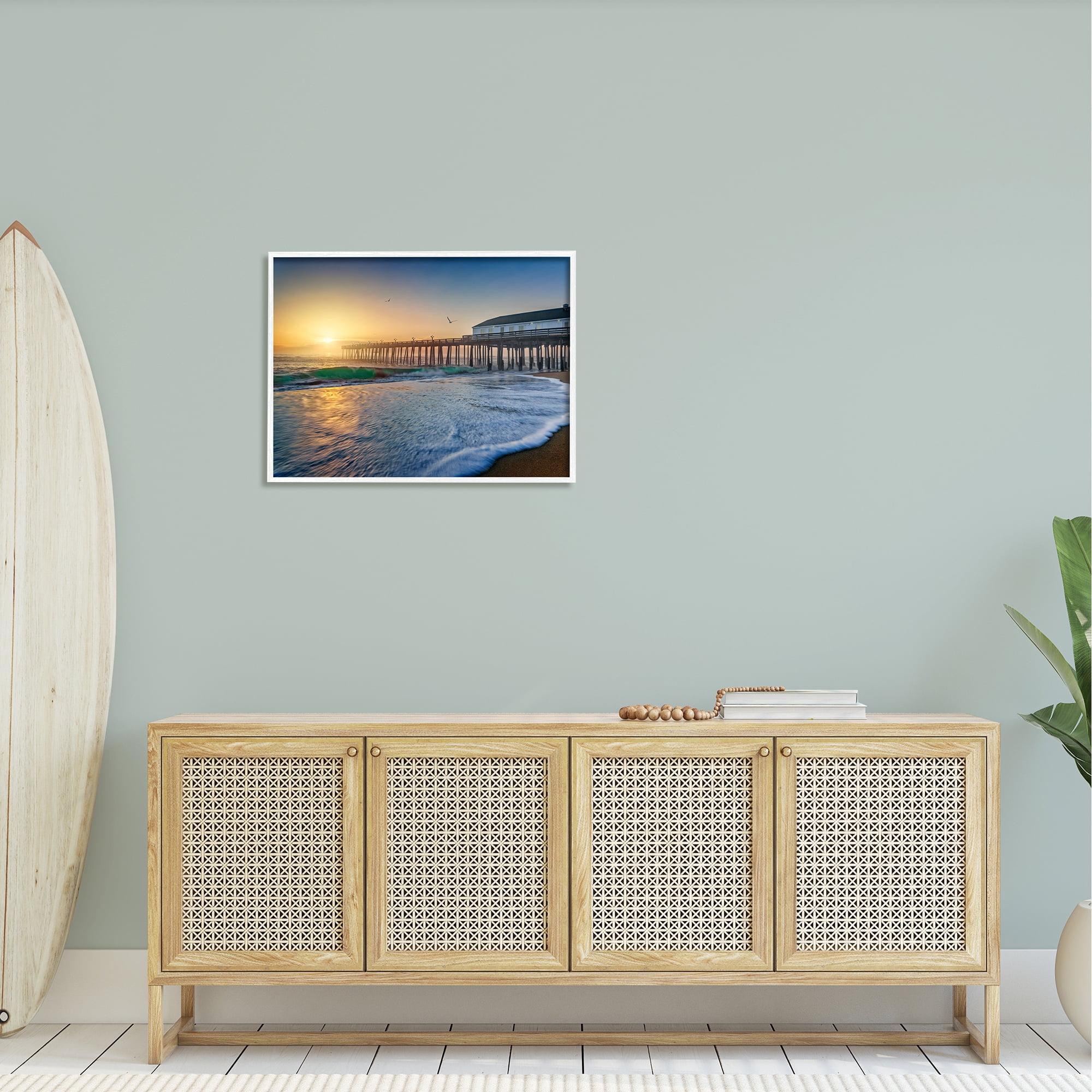 Stupell Sunlit Coastal Pier Ocean Foam Landscape Photography White Framed Art Print Wall Art