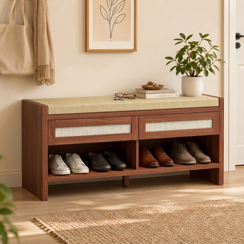 Alvantor Shoe Storage Bench with Rattan Drawers & Cushioned Seat for Entryway 42.5"x13.8"x19.7" Brown