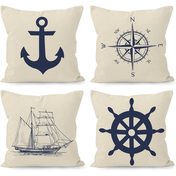Navy Blue Nautical Ocean Boat Anchor Compass Throw Pillow Covers, Sailor Nautical Gifts, Ship Pillow Cases 18 x 18 Inch Home Ship Sofa Decor Set of 4