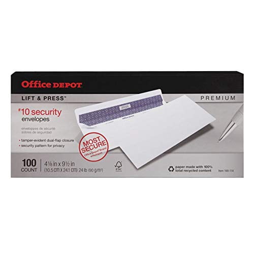 Office Depot Lift  Press(TM) Premium Envelopes, #10 (4 1/8in. x 9 1/2in.), 100% Recycled, White, Pack Of 100, 76100
