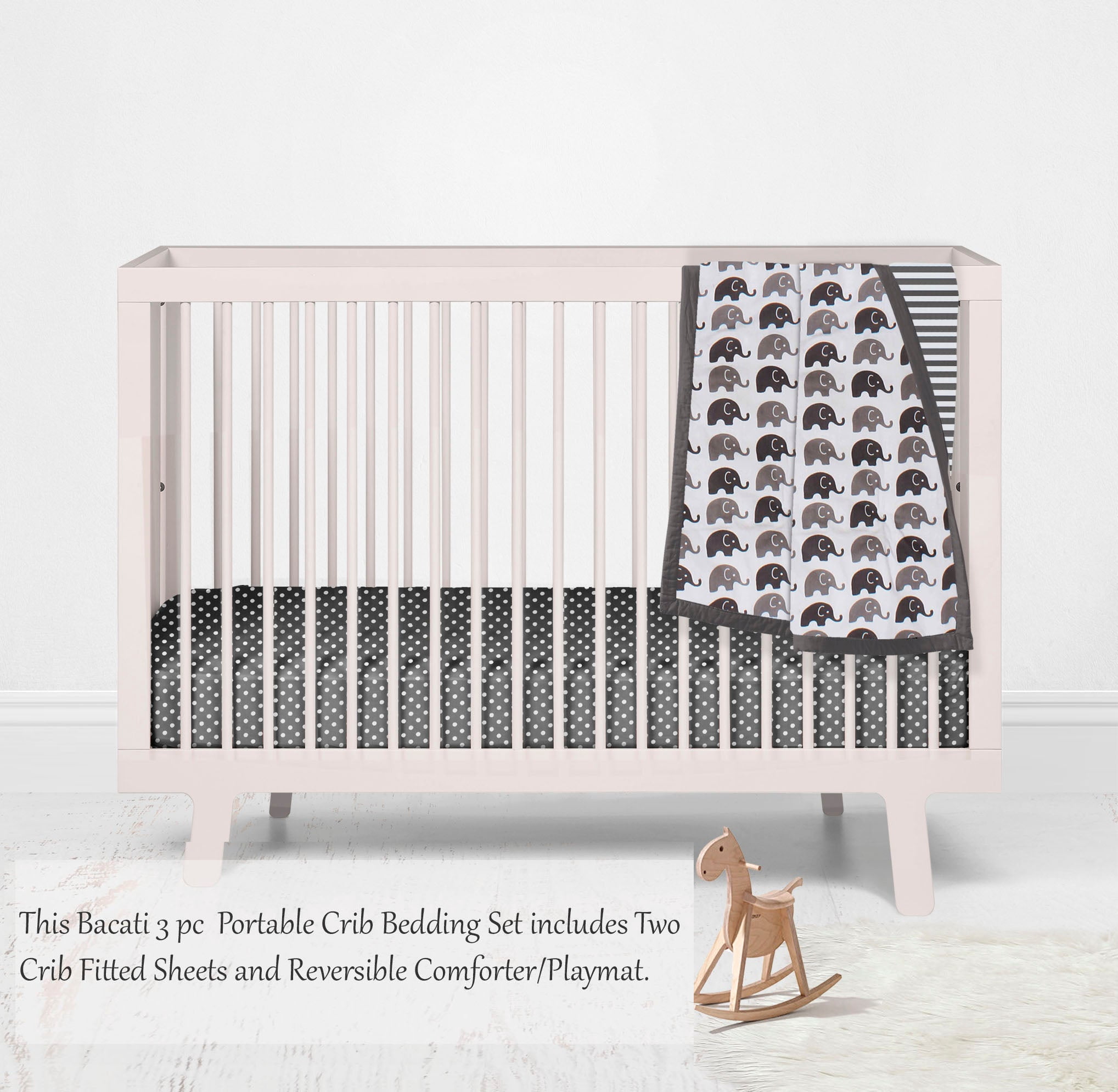 Bacati - Elephants White/Grey Mini Crib Bedding Set