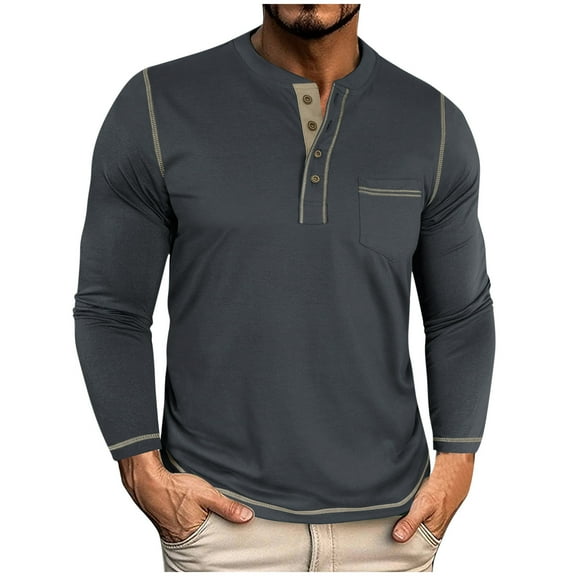 LNWUY Color Contrast Henley Shirt Long Sleeve Button Tshirt for Men Fall Winter Basic Pullover Shirt with Pocket Gray XXL