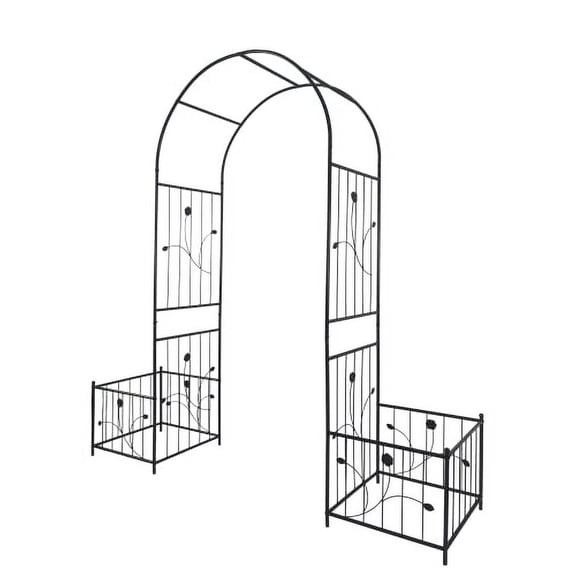 86.6" High Metal Arbors, with 2 Side Planter Baskets, Rose and Leaves Decor