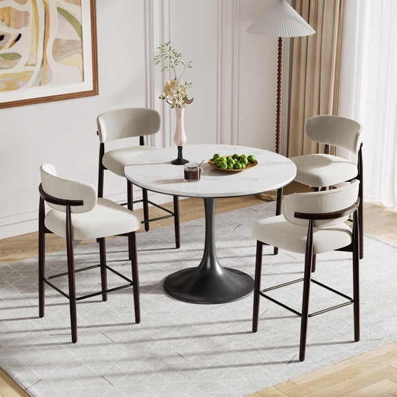 Bar Stools Set of 4, 26″ Counter Height Bar Stools with Wood Legs and Back, Modern Upholstered, Kitchen Bar Stools for Kitchen Island Dining Room Bar, Beige