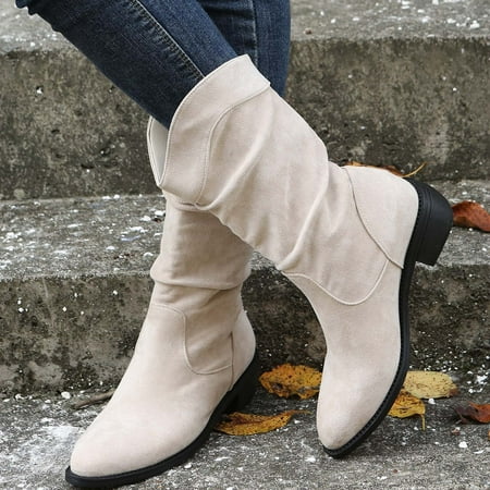 

TALKVE Middle Shoes Solid Color Round Retro Women Slip On Booties Toe Hight Heels Women s Boots