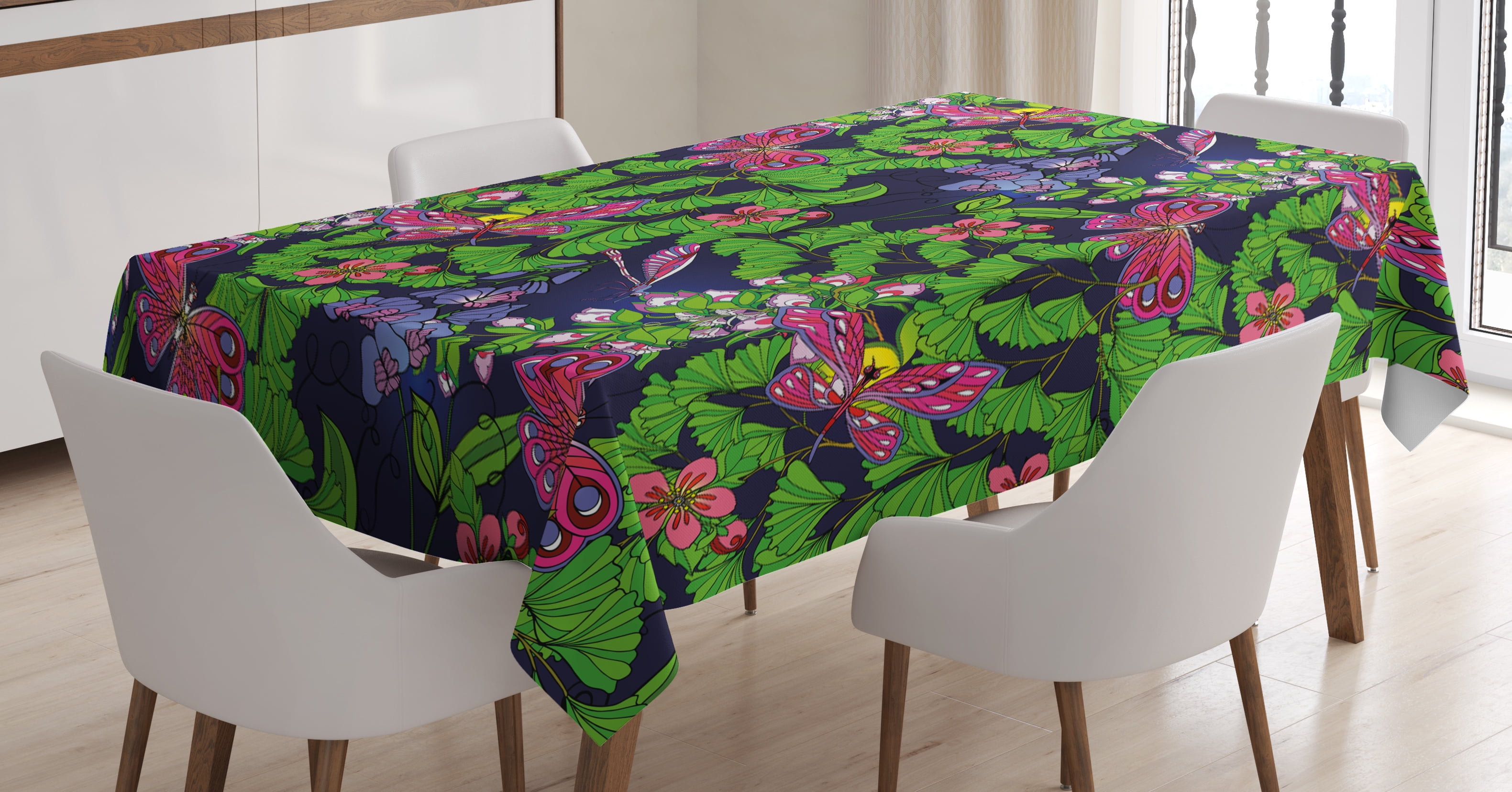 Flower Tablecloth, Tropical Vivid Petal Leaf Butterfly Dragonfly Forest