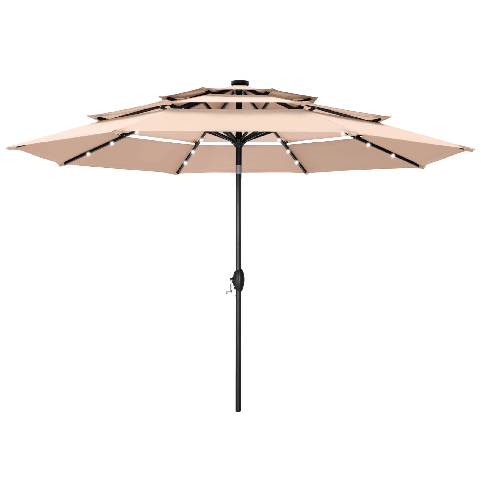 Summit Living 10ft Patio Umbrella with Solar Lights 3-Tier Vented Outdoor Market Umbrella with Auto-Tilt – Beige