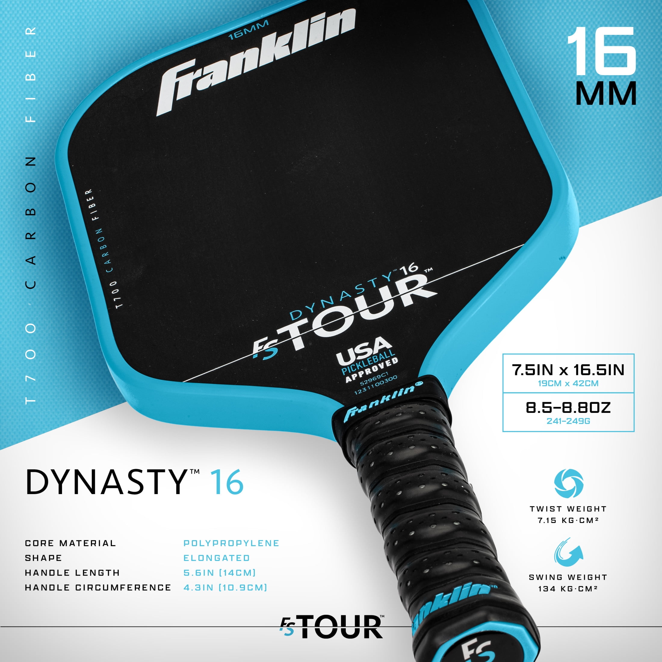 Franklin Sports Pro Pickleball Paddles - FS Tour Series Carbon Fiber Pickleball Paddles - Official USA Pickleball (USAPA) Approved Paddles - Dynasty Pro Player Paddle - 16mm Polymer Core - Blue