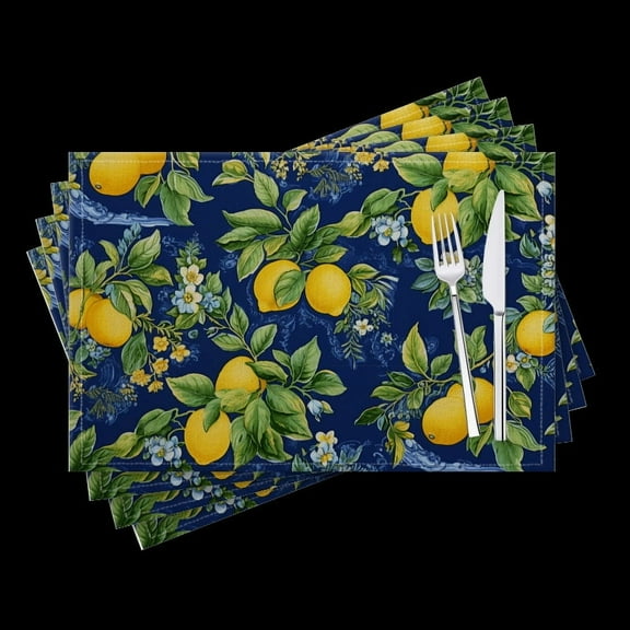 BaHomeck placemats Set of 4 Lemon Tree With Lemons And Flowers On Blue Background Cotton Linen rectangle Placemats for Kitchen Dining Table Indoor,Outdoor,18*12inch